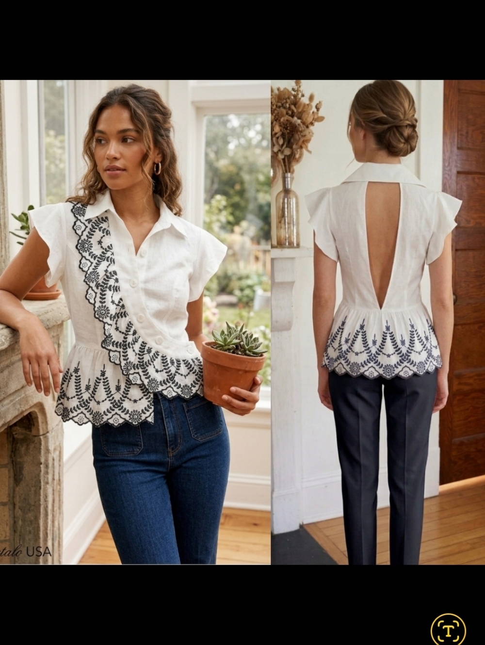 Petalo USA White Embroidered Asymmetrical Ruffle Peplum Top Open Back